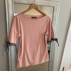 Lauren Ralph Lauren Women's Pink Boat Neck Short Bow Sleeve Top Blouse Size L